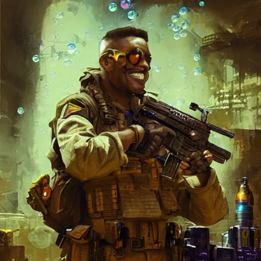 Image similar to portrait of soldier armed with a bubble gun. shadowrun cyberpunk fantasy detailed painting by craig mullins. cute bubbles and big smile