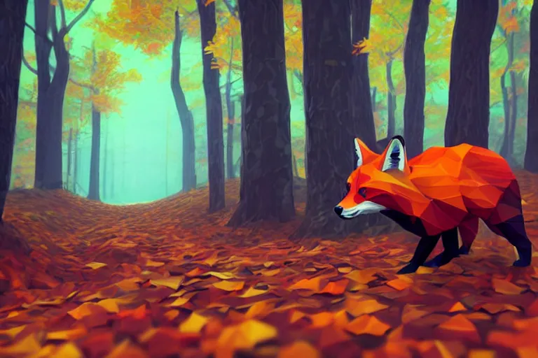 Image similar to super detailed color lowpoly art, red fox in an autumn maple forest, unreal engine, retrowave color palette, 3 d render, lowpoly, colorful, digital art, perspective