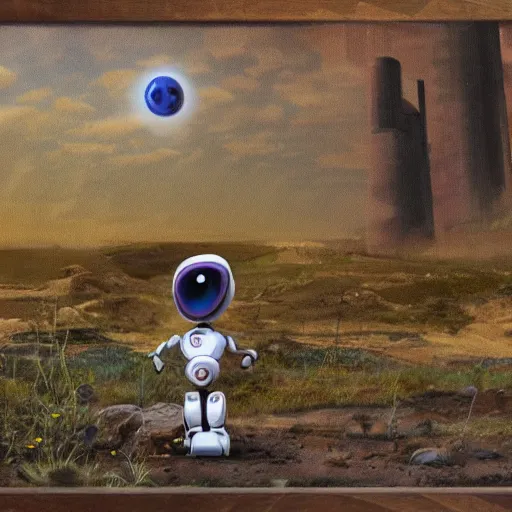 Prompt: a robot made from computer scraps admiring a flower in a wasteland, realistic painting, golden ratio, 8k