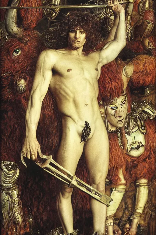 Prompt: full length portrait of the minotaur from wrath of the titans movie, by lawrence alma tadema and rick berry and norman rockwell and jason fabok and everett raymond kinstler