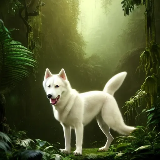 Image similar to white alaskan husky creature creature in a lush vegetation, warm tones, bioluminescent translucent : : by michal karcz, daniel merriam, victo ngai and guillermo del toro : : ornate, dynamic, particulate, intricate, elegant, highly detailed, centered, artstation, smooth, sharp focus, octane render, 3 d