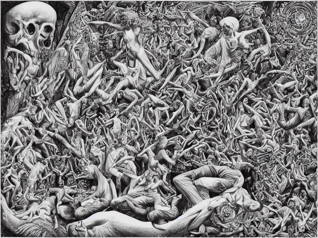 Prompt: meditation on death by Alex Grey and M. C. Escher collaboration