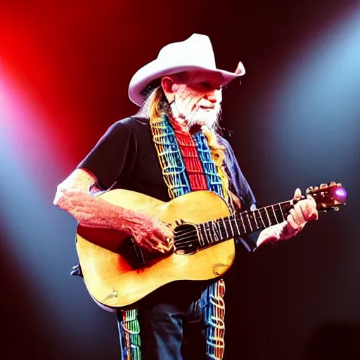 Image similar to willie nelson on stage, detailed, guitar. god rays through fog.