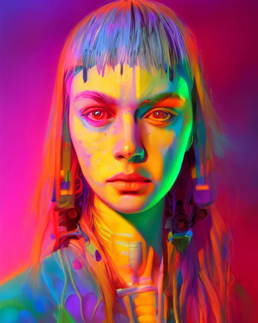 Image similar to colorful portrait of a hippie from the future, set in the future 2 1 5 0 | highly detailed face | very intricate | symmetrical | professional model | cinematic lighting | award - winning | painted by mandy jurgens | pan futurism, dystopian, bold colors, cyberpunk, groovy vibe, anime aesthestic | featured on artstation