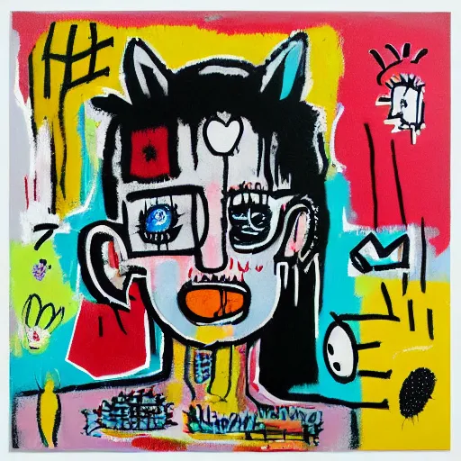 Image similar to “berries, diamonds, pigs, weeds, bagels, emo catgirl, Acrylic and spray paint and oilstick on canvas by Jean-Michel Basquiat”