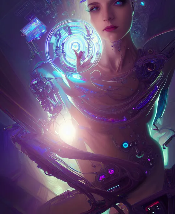 Image similar to a whirlwind of souls rushing inside the metaverse, hologram, half body, neurochip, shaved temple, piercing, jewelry, android, cyborg, cyberpunk face, by loish, d & d, fantasy, intricate, elegant, highly detailed, colorful, digital painting, artstation, concept art, art by artgerm and greg rutkowski and alphonse mucha