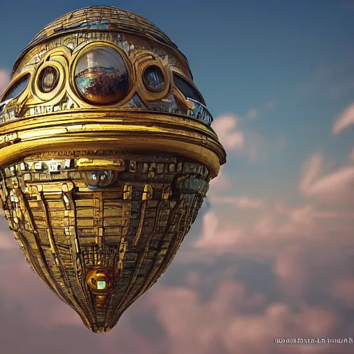 Prompt: enormous flying city in a faberge egg, sky, steampunk, fantasy art, masterpiece, unreal engine, intricate