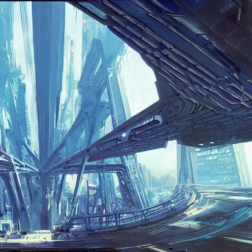 Prompt: overgrown futuristic cityscape located under a bridgeway, world seen only through a portal, daylight, cinematic perspective, cinematic lighting, blue sky, syd mead, john harris, symmetrical