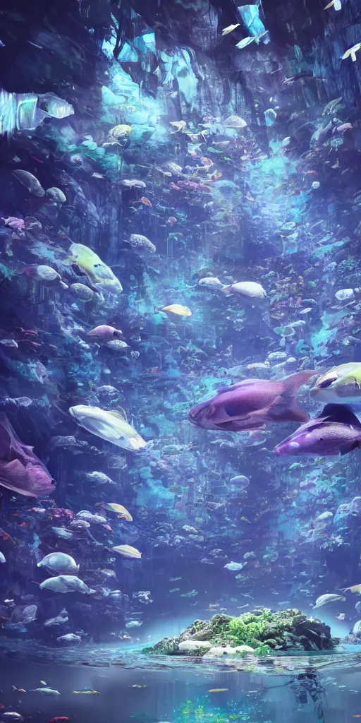 Prompt: a large aquarium filled with lots of fish, concept art, a computer rendering by stephan martiniere, cgsociety, trending on unsplash, environmental art, fantasy art, light and space, hall of mirrors, made of glass, sense of awe, seapunk, bioluminescence