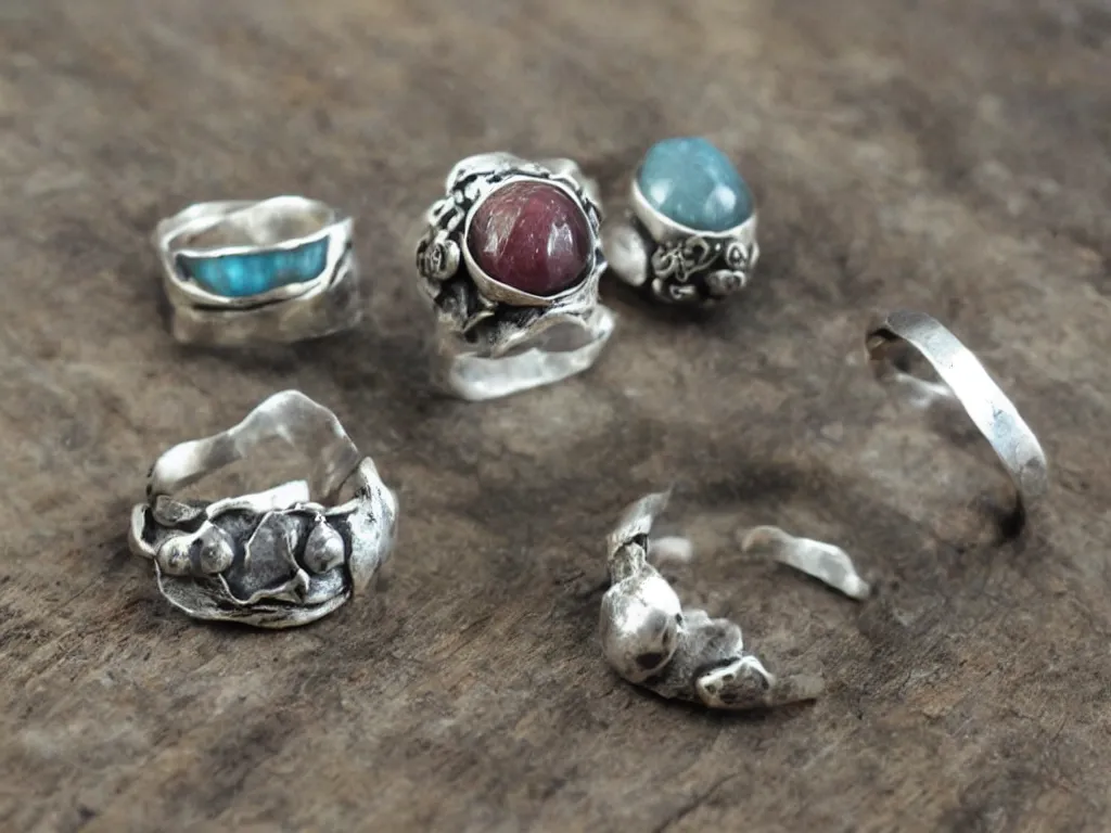 Image similar to rustic hand made rings hand crafted from silver and natural gemstones