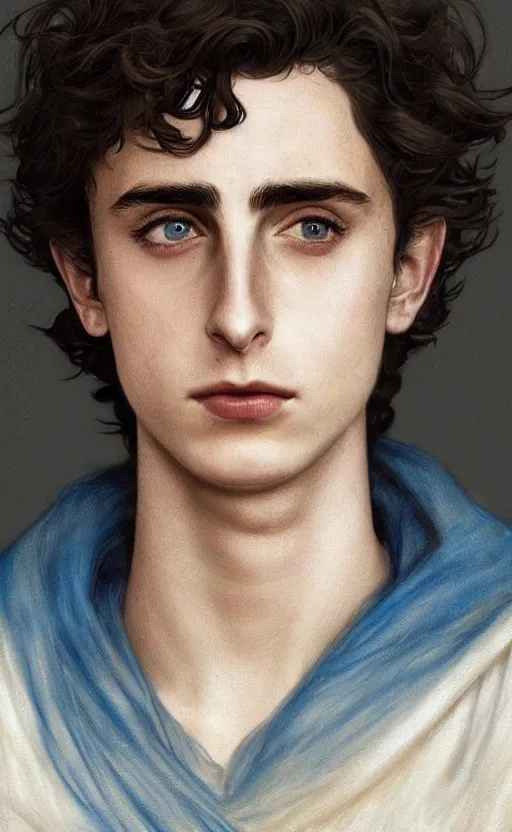 Image similar to beautiful paul atreides timothee chalamet with a three day beard, emperor of the known universe, completely blue eyes, perfect dramatic and dark portrait insanely detailed, concept art, deep focus, intricate, highly detailed, digital painting, artstation, matte, sharp focus, illustration, art by greg rutkowski and alphonse mucha, low angle, dominant eye