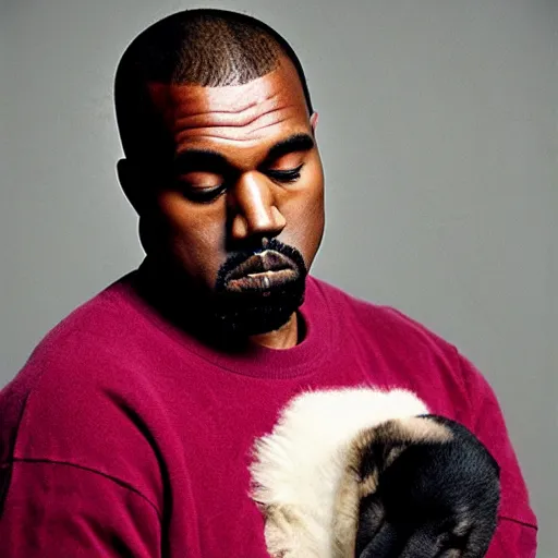 Image similar to Kanye West crying while holding a puppy for a 1990s sitcom tv show, Studio Photograph, portrait, very sad C 12.0