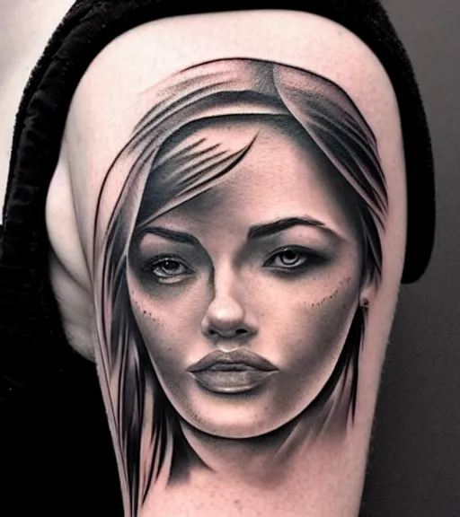 Image similar to creative blend of a hyper realistic mountain scenery with a beautiful woman face, tattoo design sketch, in the style of matteo pasqualin, hyper - realistic, amazing detail, black and white