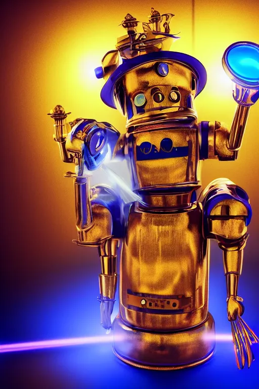 Image similar to portrait photo of a giant golden and blue metal steampunk kitchen robot cook chef with pots and pans and tubes, wearing a big chef hat, eyes are green lights, shiny crisp finish, 3 d render, 8 k, insaneley detailed, fluorescent colors, background is multicolored lasershow