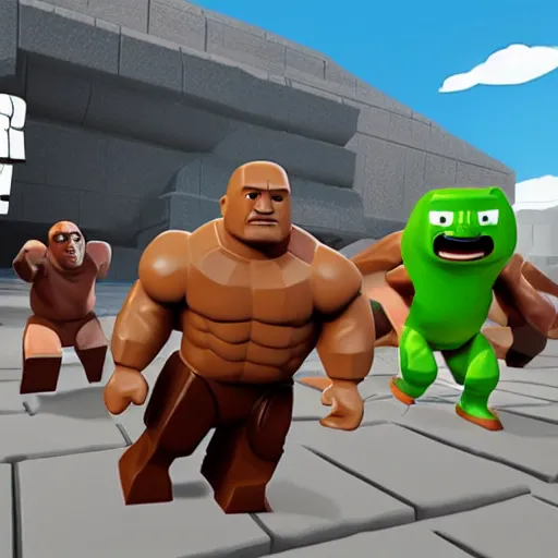 Image similar to screenshot from roblox game dwayne the rock johnson as roblox character