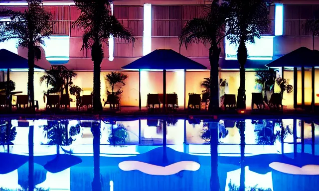 Image similar to indoor pool with ferns and palm trees at night, shops, pool tubes, chromatic abberation, dramatic lighting, depth of field, 80s photo