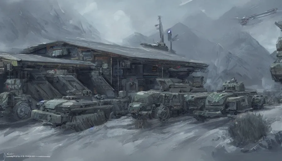 Image similar to concept art of modular military base, oil painting by jama jurabaev, extremely detailed, brush hard, artstation, for aaa game, high quality, brush stroke