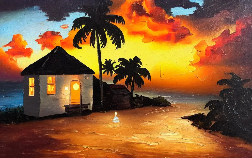 Prompt: cute cozy cottage!! on a tiny small island, torches, chairs, palm trees, dark very late evening cloudy sunset, dramatic and dynamic lighting, thick brush strokes oil impasto painting