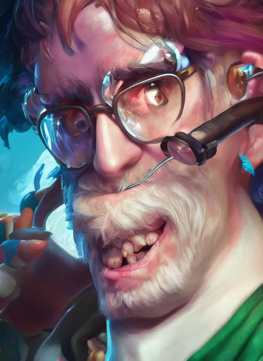 Image similar to charly garcia as a character from league of legends, hyper detailed, digital art, overhead view, trending in artstation, studio quality, smooth render, unreal engine 5 rendered, octane rendered, art style by klimt and nixeu and ian sprigger and wlop and krenz cushart