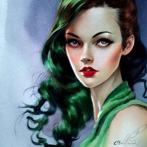 Prompt: 1940s style brunette haired girl, green eyes, artstation, watercolor, highly detailed, portrait, by Charlie bowater