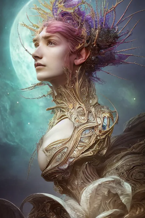 Prompt: beautiful detailed cgi matte painting female space empress of the andromeda, by ellen jewett, alessio albi | symmetrical features, ominous, alluring, vivacious, realism, intricate, ornate, royally decorated, organic, growth, whirling nebulas, glowing particles, colorful adornments, colorful torn fabric, radiant colors