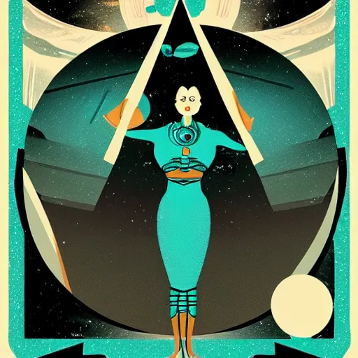 Image similar to art deco of a space woman, teal palettes, Alien horror inspired, random