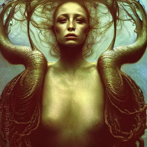 Image similar to queen of neptune by zdzisław beksinski, iris van herpen, raymond swanland, alexander mcqueen and alphonse mucha. highly detailed, hyper - real, beautiful