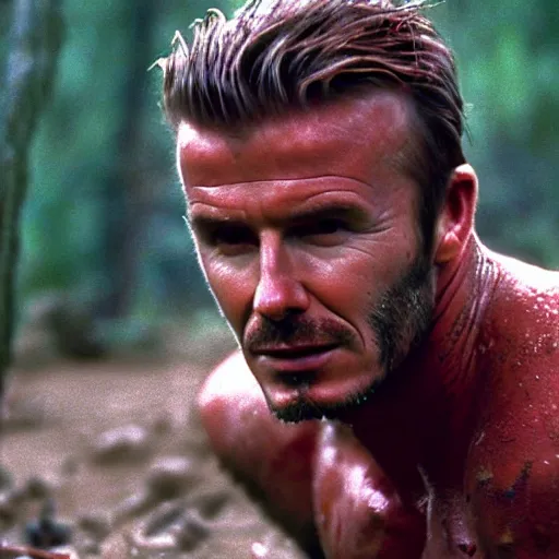 Prompt: cinematic still of david beckham wearing manchester united uniform, covered in mud and watching a predator in a swamp in 1 9 8 7 movie predator, hd, 4 k