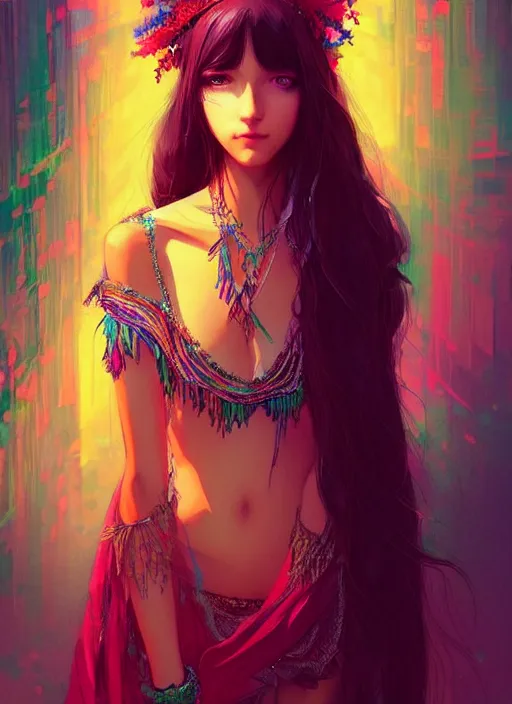 Prompt: “a beautiful bohemian girl, intricate, highly detailed, digital painting, Pixiv, Artstation, official media, anime key visual, concept art, rich vivid colors, ambient lighting, sharp focus, illustration, art by WLOP”