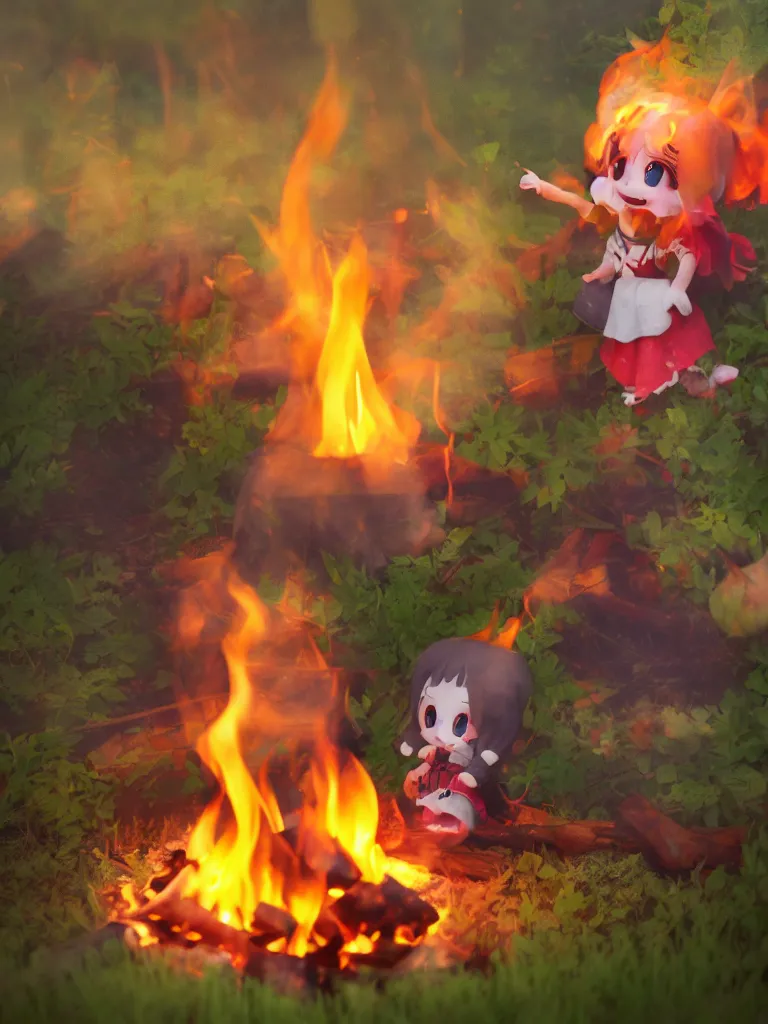 Image similar to cute fumo plush manic happy pyromaniac girl giddily starting a fire in the forest, campfire flames burning, warm glow and volumetric smoke vortices, rule of thirds composition, vignette, vray