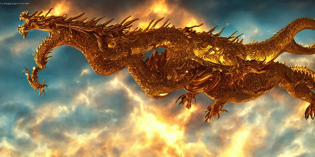 Prompt: a professional photographic view picture of a giant glowing golden dragon flying in the heavenly sky,photographic filter unreal engine 5 realistic hyperdetailed 8k ultradetail cinematic concept art volumetric lighting, fantasy artwork, very beautiful scenery, very realistic painting effect, hd, hdr, cinematic 4k wallpaper, 8k, ultra detailed, high resolution, artstation trending on artstation in the style of Albert Dros glowing rich colors powerful imagery nasa footage drone footage drone photography