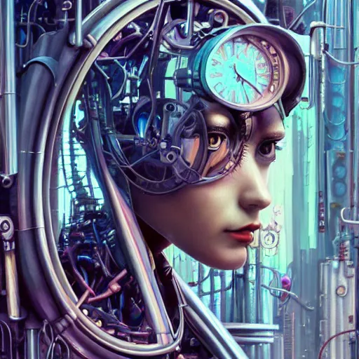 Image similar to detailed face of a clockwork biomechanical woman, moment, cyberpunk cloisters, electronic billboards, tech noir, wet reflections, prism, atmospheric, ambient, pj crook, syd mead, livia prima, greg rutkowski, edward hopper