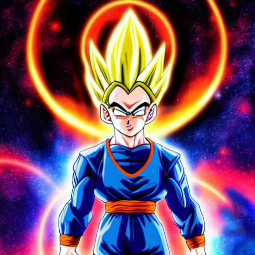 Image similar to gohan from dragon ball z flying through galaxy, black hole, digital art