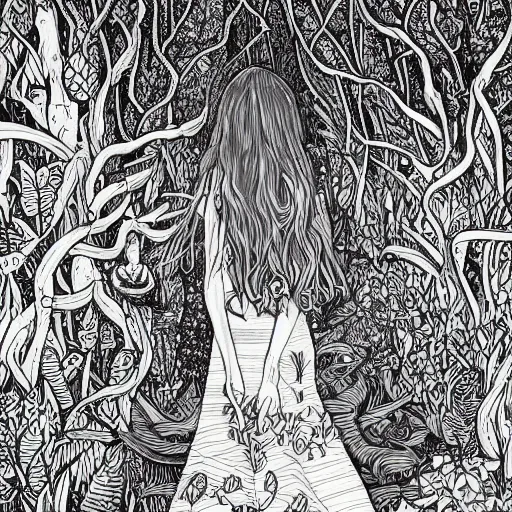 Image similar to a ultra detailed line art illustration of a red + haired + girl wandering alone in a mysterious forest, by thomke meyer and julia plath, intricate, fantasy, hyperdetailed