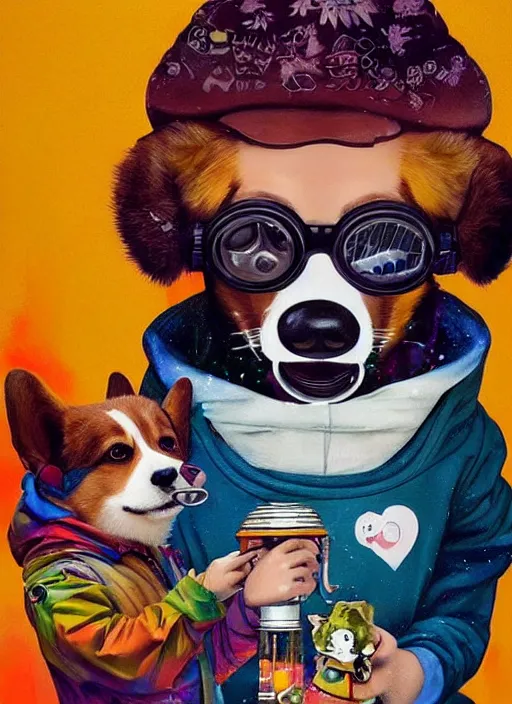 Prompt: beautiful portrait painting of a cute lofi cyberpunk corgi smoking cannabis out of a bong, by Afarin Sajedi, Alessandro Barbucci, Alex Gross, Shin Jeongho, Shohei Otomo. trending on Artstation, 8k, masterpiece, face enhance, graffiti paint, fine detail, full of color, intricate detail, golden ratio illustration