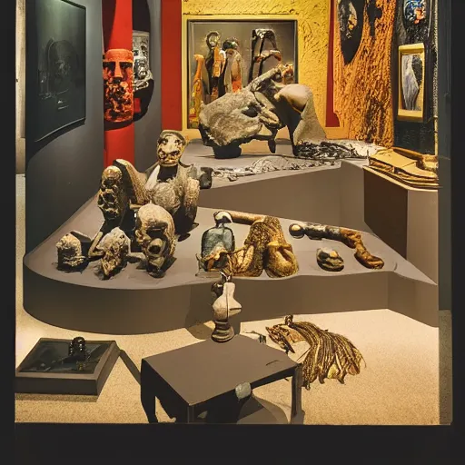 Image similar to a three color offset photography of single surrealist object on display, anthropology of wonder, ( ( ( surrealism ) ) ), exotic artifacts, colonial expedition, exhibition, 6 0 s style