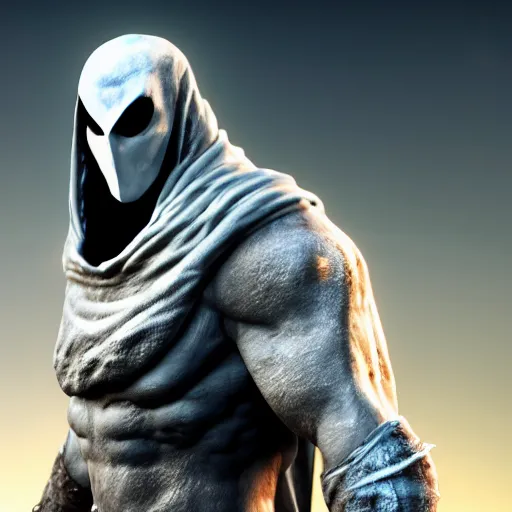 Image similar to render of moon knight mixed with krator from gow, artstation, accurate, 8 k, cgivfx, quixel, wetastudiofx, bigstudiovfx, octanerender 3 d, framestorevfx, cgrecord, highdensity, highradiosity