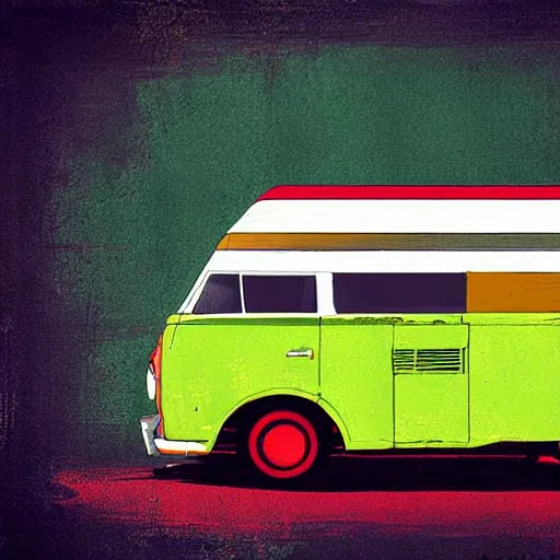 Image similar to retro painting illustration of a volswagen van, 2 d, pastel color, green, yellow, red, retro style art, trendy on artstation