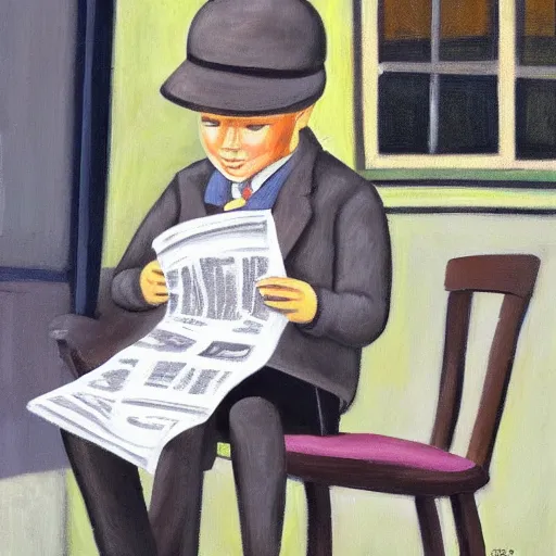 Prompt: A gray pit bull wearing a newsboy cap while reading the newspaper at an outdoor table at Parisian cafe. Acrylic on canvas.