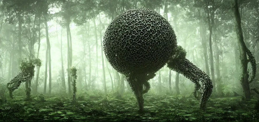 Prompt: a complex organic fractal 3 d metallic symbiotic ceramic humanoid megastructure creature in a swampy lush forest, foggy, cinematic shot, photo still from movie by denis villeneuve, 9 0 s anime