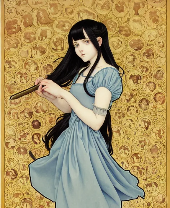 Prompt: portrait of a morbid 18 year old young woman wearing a cottage-core aesthetic dress with straight silky black hair, in a butcher shop, holding a butcher knife, insanely and epically detailed high-quality small details, beautiful golden ratio, exquisitely detailed soft shadowig style, epic illustration style, style of Range Murata and by Alphonse Mucha and by Katsuhiro Otomo.