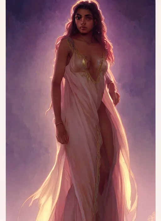 Image similar to cute brown woman wearing a transparent night gown, fantasy, intricate, highly detailed, digital painting, artstation, concept art, wallpaper, smooth, sharp focus, illustration, art by artgerm and greg rutkowski and alphonse mucha