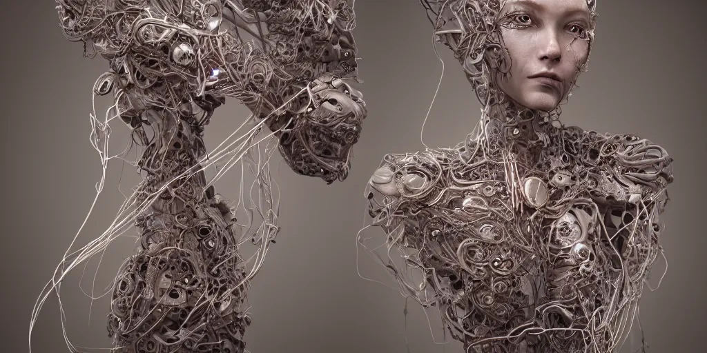 Prompt: photorealistic gorgeous symmetrical female cyborg, spreading threads, tendrils, ribbon highly detailed, arms stretched, knees together, intricate, exuberant filigree, in the style of beth cavener, jin kagetsu, wlop, masterpiece, concept art, high key lighting, ambient lighting, octane render, 8 k, artstation