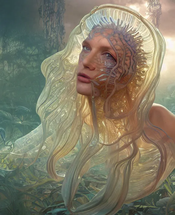 Prompt: opulent transparent clear see - through portrait of a terrifying beautiful male human isopod sea slug, mottled coloring, adorable, childlike, overgrown biopunk jungle environment, ultra realistic, concept art, art nouveau, photorealistic, octane render, 8 k, unreal engine. art by christopher marley and artgerm and greg rutkowski and alphonse mucha