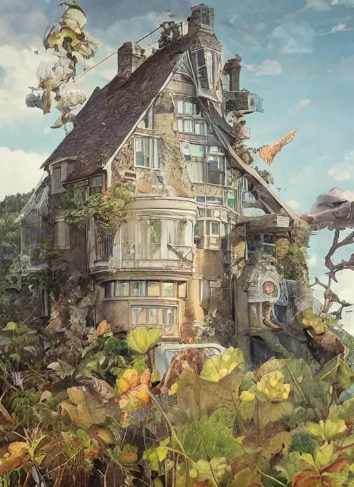 Image similar to a hyper realistic house on a hill distant explosions, gorgeous lighting, lush foliage, painting by chiara bautista and tom bagshaw, mucha, beksinski and norman rockwell and greg rutkowski weta studio, and lucasfilm