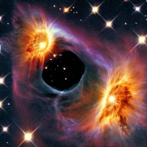 Prompt: a back hole slowly absorbing a nebula, outer space, hubble telescope, james webb telescope, pulsar