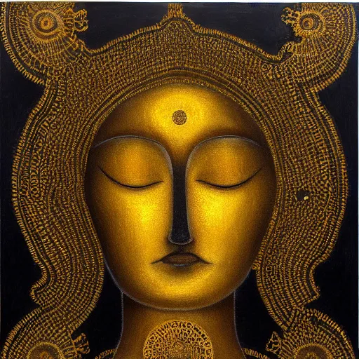 Prompt: refined spontaneity of nothing but faces in liminal space, golden and black accents, sacred art