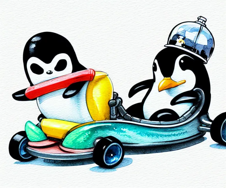 Image similar to cute and funny, penguin wearing a helmet riding in a tiny go kart with an oversized engine, ratfink style by ed roth, centered award winning watercolor pen illustration, isometric illustration by chihiro iwasaki, edited by range murata, tiny details by artgerm and watercolor girl, symmetrically isometrically centered, sharply focused