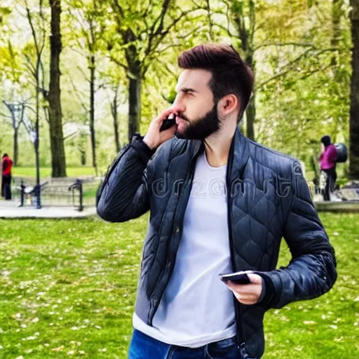 Image similar to 3 0 year old stylish man using smartphone outdoors in the park realistic image, 4 k 3 0 mm photography, stock image