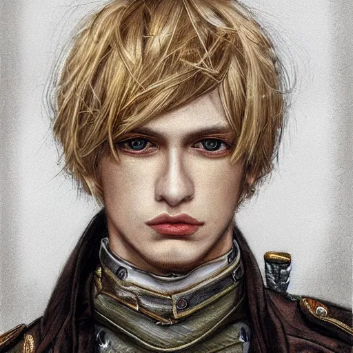 Image similar to portrait of a man by ayami kojima, polish, he is about 2 0 years old, blond hair with bangs, nervous but determined, he is wearing steampunk military fatigues, highly detailed portrait, digital painting, artstation, concept art, smooth, sharp foccus ilustration, artstation hq